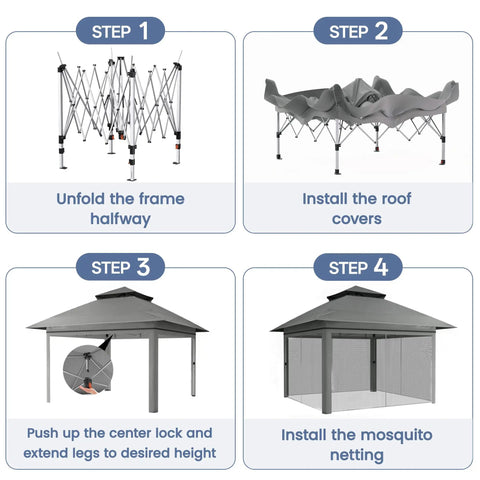 13x13 Pop Up Gazebo With Mosquito Netting One Push Setup No Tools Needed step-by-step assembly process