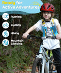 Child biking with Kids Hydration Backpack With 1L Water Bladder On The Go Adjustable Reflective Running Vest With 8 Pockets Pink XS S.