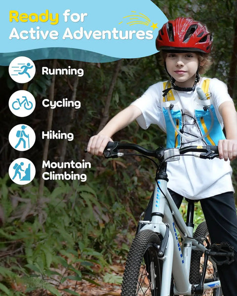 Child biking with Kids Hydration Backpack With 1L Water Bladder On The Go Adjustable Reflective Running Vest With 8 Pockets Pink XS S.