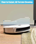 Ultra Slim Robot Vacuum And Mop Cleaner With WiFi App Control Auto Recharge 1600Pa Suction transitioning from floor to carpet