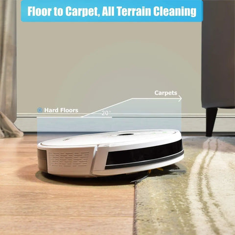 Ultra Slim Robot Vacuum And Mop Cleaner With WiFi App Control Auto Recharge 1600Pa Suction transitioning from floor to carpet