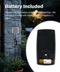 Outdoor Indoor Wireless Remote Control 3 Prong Outlet Kit Weatherproof Heavy Duty 15 Amp Easy Plug And Play One Remote One Outlet System With 6 Inch Cord And 100 Feet Range ETL Listed Battery Included shown with open battery compartment and stone wall.