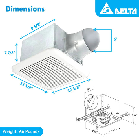 Quiet Bathroom Exhaust Fan With Brushless DC Motor, Energy Efficient No Fuss Performance, 80/110 CFM Adjustable Speed, LED Indicator Light, 70,000 Plus Hours Lifespan, White. Image shows dimensions and weight.