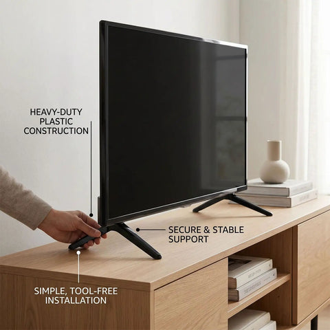 Replacement TV Stand Legs For 40 To 43 Inch Televisions, Durable Plastic Feet With Screws, Black Minimalist Design on cabinet