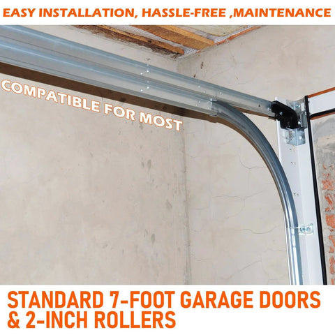 12 Inch Radius Garage Door Track Curve Set For 7 Foot Doors, 8.5 Feet Total Length, Fits 2 Inch Pulleys, 1.5mm Steel shown installed
