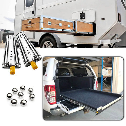 Heavy Duty Full Extension Drawer Slides With Ball Bearing Side Mount Rails, Built Like A Tank Industrial Steel Glides That Move Like Butter For Cabinetry And Furniture, Rock Solid 220 Pound Rating 80 Inch Pair showcased with truck and storage box.