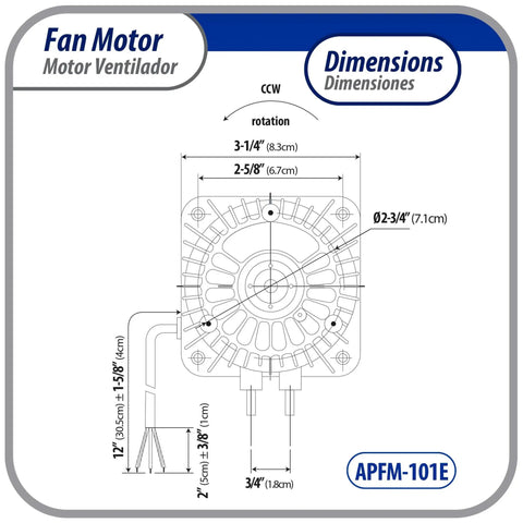 Diagram of 10W Refrigeration Condenser And Evaporator Motor 115V 60Hz 0.65A 1450 RPM with dimensions and CCW shaft direction.