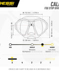 Calibro Low Volume Dive Mask With Fog-Stop System Integrated Dual Frame Technology size chart showing skirt and nose sizes.