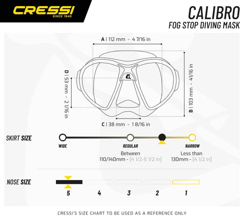 Calibro Low Volume Dive Mask With Fog-Stop System Integrated Dual Frame Technology size chart showing skirt and nose sizes.