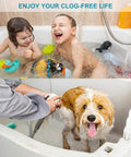 Kids and dog in tub with Stainless Steel Hair Catcher Drain Strainer For Tub Shower And Sink, Easy Install, Wide Mesh Trap.