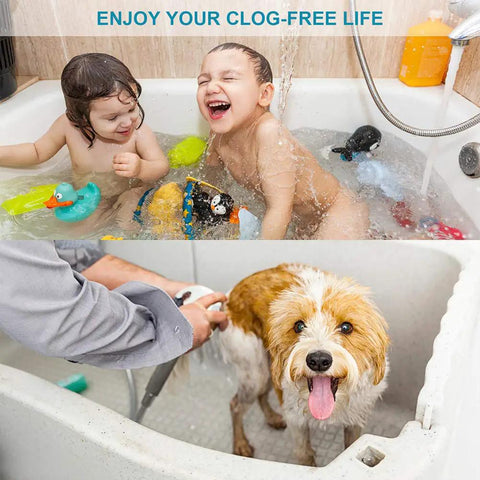 Kids and dog in tub with Stainless Steel Hair Catcher Drain Strainer For Tub Shower And Sink, Easy Install, Wide Mesh Trap.