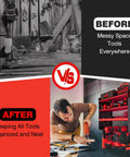Comparison of messy tool area vs organized Power Tool Rack With Adjustable Height Wall Mount Red Tool Storage Organizer for pegboard