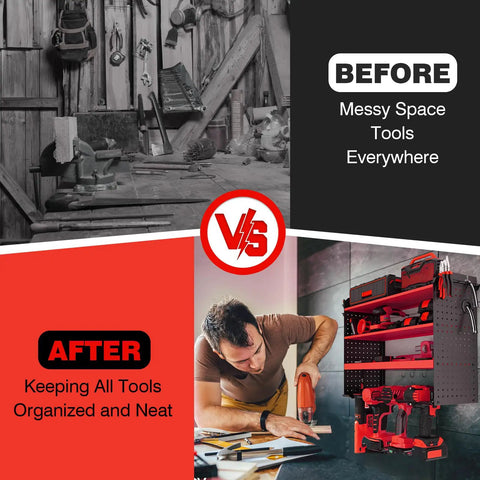 Comparison of messy tool area vs organized Power Tool Rack With Adjustable Height Wall Mount Red Tool Storage Organizer for pegboard