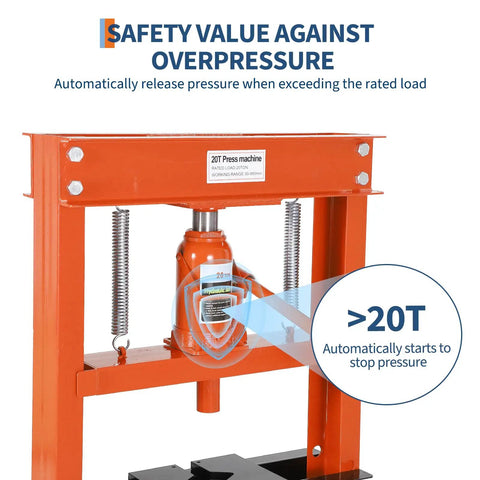 Close-up of Beefy 20 Ton Hydraulic Press H Frame Shop Press showing safety valve and orange steel H-frame structure.