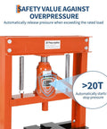 Beefy 20 Ton Hydraulic Shop Press H Frame With Adjustable Height Pneumatic Benchtop Press, orange, close-up of safety valve feature.