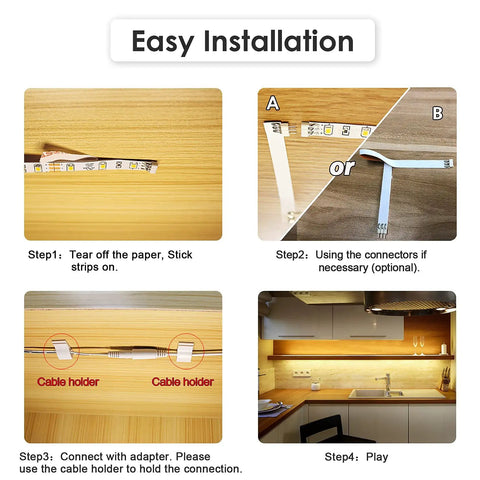 Easy installation guide for Under Cabinet Lighting Kit Flexible LED Strip Light 6.6 Feet showing steps to attach under kitchen cabinets.