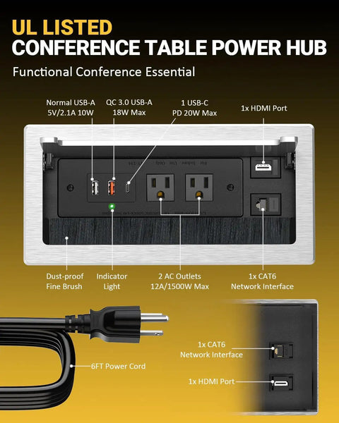 Pop Up Power Strip With PD 30W USB Ports For Table Conference Room And Countertop Use, Recessed Grommet Outlet Hub with 2 AC Outlets
