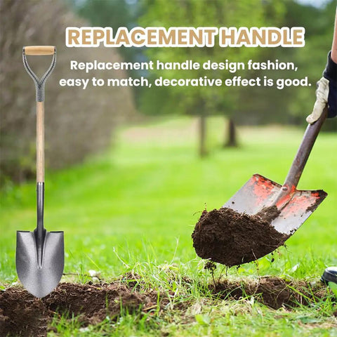 D Grip Shovel Handle Replacement with 32mm inner diameter, metal core, wooden grip, shown with digging spade and soil