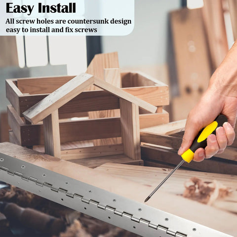 Heavy Duty Piano Hinge Thirty Inch Long With Three Inch Face Width Fabricated From Actual Point Zero Sixty Thick Type Thirty Four Stainless Steel For Cabinets Doors And Toolboxes Badass Load Capacity installed with screws and wood projects.