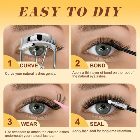 580 Piece Lash Clusters Kit For Natural DIY Eyelash Extensions Includes application steps: curve, bond, wear, seal instructions