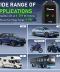 Heavy Duty V100 Auto Voltage Tester Pro For Cars And Trucks To Check Circuits Continuity Ground Polarity Plus One Way Overload Safe Power Probe Tool displayed with various vehicle types.