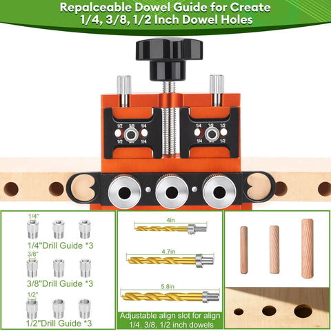 Adjustable Dowel Jig Kit With Quick Positive Stop And Clamp For Precision Woodworking Fits One Quarter Three Eighths And One Half Inch Dowel Holes Includes Nine Hardened Steel Drill Bushes For Fast Accurate Dowel Joints In Cabinets And Furniture, shown with components and measurements.