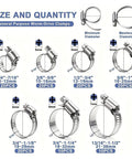 Heavy Duty Worm Gear Hose Clamps Kit Stainless Steel Assortment 120 Piece Range From Quarter Inch To One Half Inch For Fuel Lines And Plumbing Jobs Sure Grip Tight Seal No Leak Performance. Size chart of stainless worm-drive clamps, 6-7mm screw, 1/4 to 1-1/2 inch.