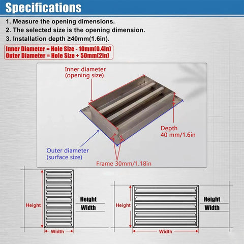Specifications diagram for Heavy Duty 304 Stainless Steel Louvered Access Panel Slick Vent Wall Door for accurate installation.