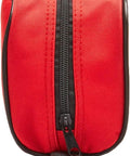 Front view of red nylon first aid kit pouch with black zipper and fabric loop.
