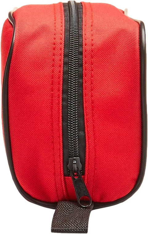 Front view of red nylon first aid kit pouch with black zipper and fabric loop.