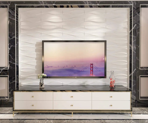 Wave Wall Panels 19.7 Inch Square Pack Of 12 White PVC Panels For Living Room And Kitchen DIY Friendly Fire Resistant Lightweight 32 Sq Ft Coverage For Home Use installed behind TV