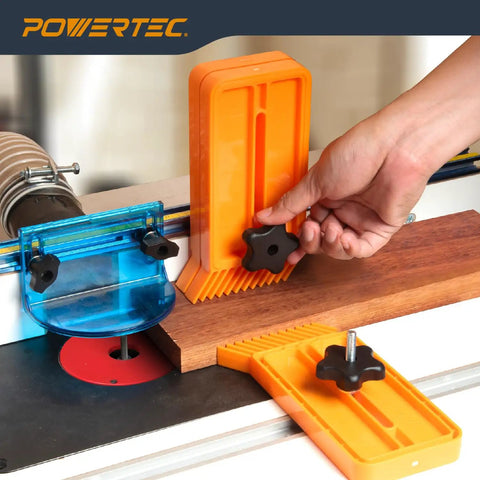 Heavy Hitter Table Saw Push Block And Push Stick Kit Featuring Stackable Feather Board in use with router table and wood.