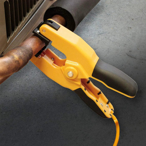 Yellow pipe clamp K-type thermocouple adapter attached to copper pipe for HVAC temperature readings
