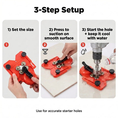 Adjustable Diamond Drill Guide with Suction Base for 1/8 to 3-1/4 Inch Hole Saws and Bits helps you nail clean straight cuts in tile glass stone and ceramic like a pro shown in 3-step setup process.