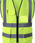 Road Warrior Reflective Safety Vest With Five Big Cargo Pockets And Secure Full Zipper Front ANSI Approved in neon yellow mesh.