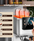 Heavy Duty Espresso Maker With Touchscreen Hot And Iced Coffee Brewer featuring 5-in-1 LED operation panel for various drinks.