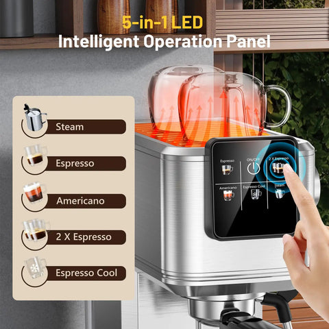 Heavy Duty Espresso Maker With Touchscreen Hot And Iced Coffee Brewer featuring 5-in-1 LED operation panel for various drinks.
