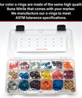Color Coded Paintball O Ring Kit Large 360 Piece Master O Ring Set With 18 Common Sizes in a clear box with labeled compartments