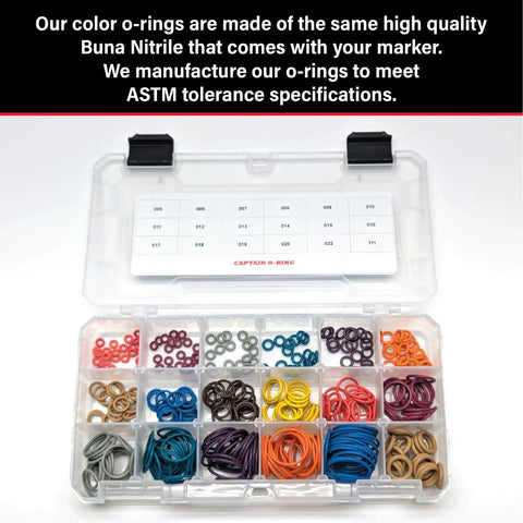 Color Coded Paintball O Ring Kit Large 360 Piece Master O Ring Set With 18 Common Sizes in a clear box with labeled compartments