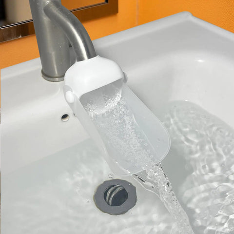 Universal Faucet Extender For Bathroom Sink And Kitchen Tap With Soft Spray Aerated Nozzle And Anti Splash Guard pouring water.