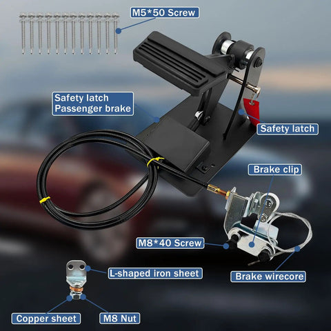 Universal Passenger Side Dual Brake Pedal Conversion Kit for Driving Instructor Rigs with labeled components and features