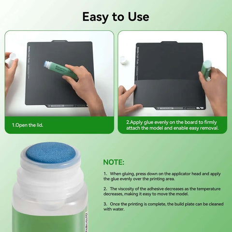 Instructions for using Rock Solid 60ML 3D Printer Adhesive Glue on a print bed with close-up of the adhesive applicator