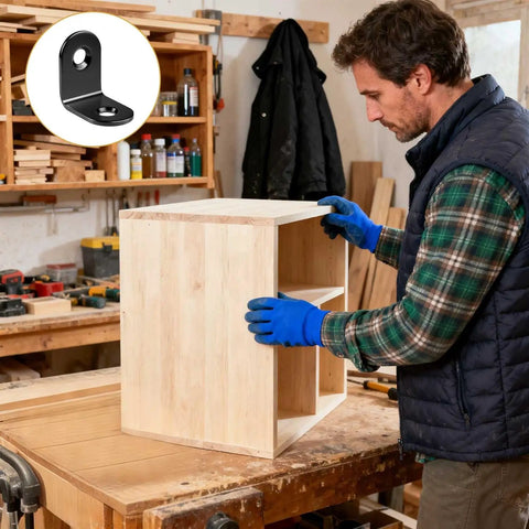 Twenty Piece Heavy Duty Black L Brackets For Wood And Metal Shop Projects Featuring Corrosion Resistant Stainless Steel Build with a craftsman assembling a wooden cabinet.
