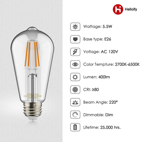 Edison ST19 ST64 WiFi LED Smart Bulb Filament Vintage Style Tunable White 2700K To 6500K E26 Base 2 Pack No Hub Needed Works With Alexa Google Home Daylight White 5W infographic