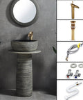 Premium Handmade Ceramic Vessel Bathroom Sink And Pedestal Combo Featuring Sleek Nonporous Finish With Standard Faucet Hole Indoor Outdoor Setup Straight Up Durable Rock Solid Two Piece Set with modern faucet and mirror.