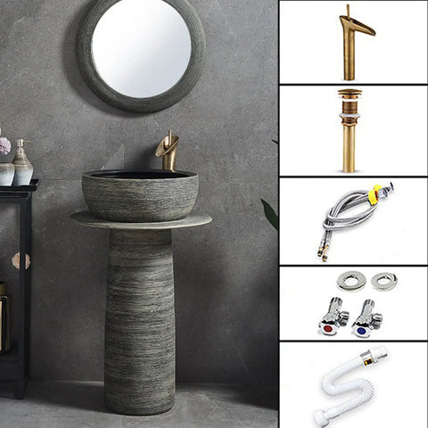 Premium Handmade Ceramic Vessel Bathroom Sink And Pedestal Combo Featuring Sleek Nonporous Finish With Standard Faucet Hole Indoor Outdoor Setup Straight Up Durable Rock Solid Two Piece Set with modern faucet and mirror.