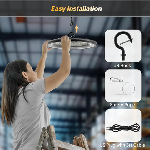 Installation of 400W UFO LED High Bay Light with 60,000 Lumens Industrial Shop Lighting IP65 Waterproof for Warehouse Gym Factory Plug and Play Daylight 6000K 200 LM per W One Pack with hook, safety rope, and 5ft cable