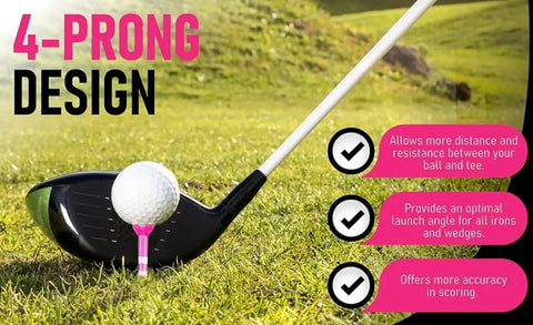 Pink Womens Golf Tees 50 Count With 40 Tall Three And A Quarter Inch Tees And 10 Short One And A Half Inch Tees Near Unbreakable Plastic Four Prong With Stripes Great For Drivers Fairways Irons And Par 3 Play, displayed with a golf ball on the grass highlighting 4-prong design advantages.