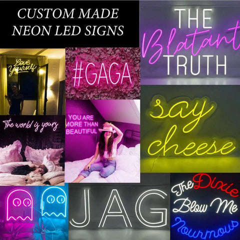 Custom made neon LED signs collage, featuring various phrases like 'Say Cheese', 'Love Yourself', and 'JAG' in diverse colors.