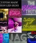 Collage of custom made neon LED signs with phrases like 'say cheese' and '#GAGA', featuring various colors and designs.